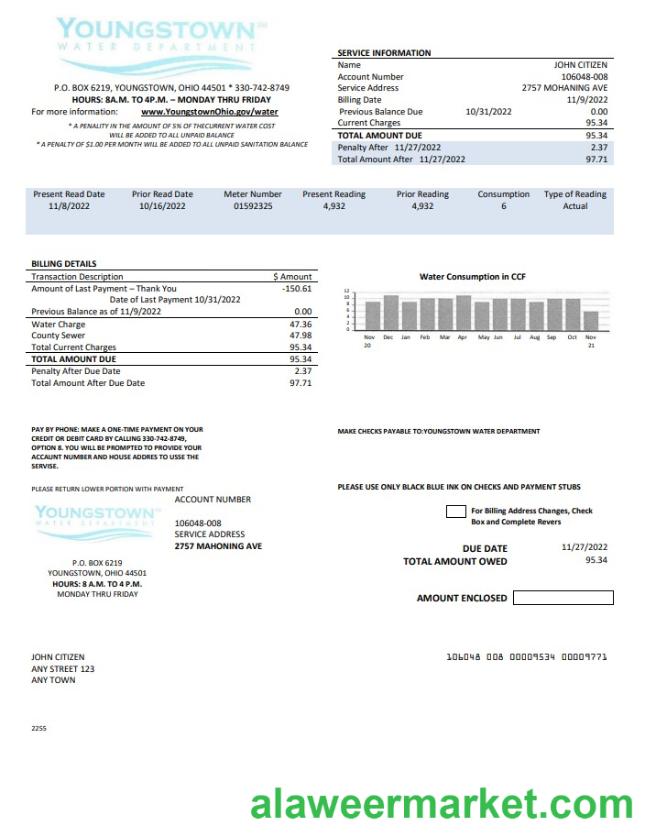 USA Youngstown Water Department utility bill template in Word and PDF format